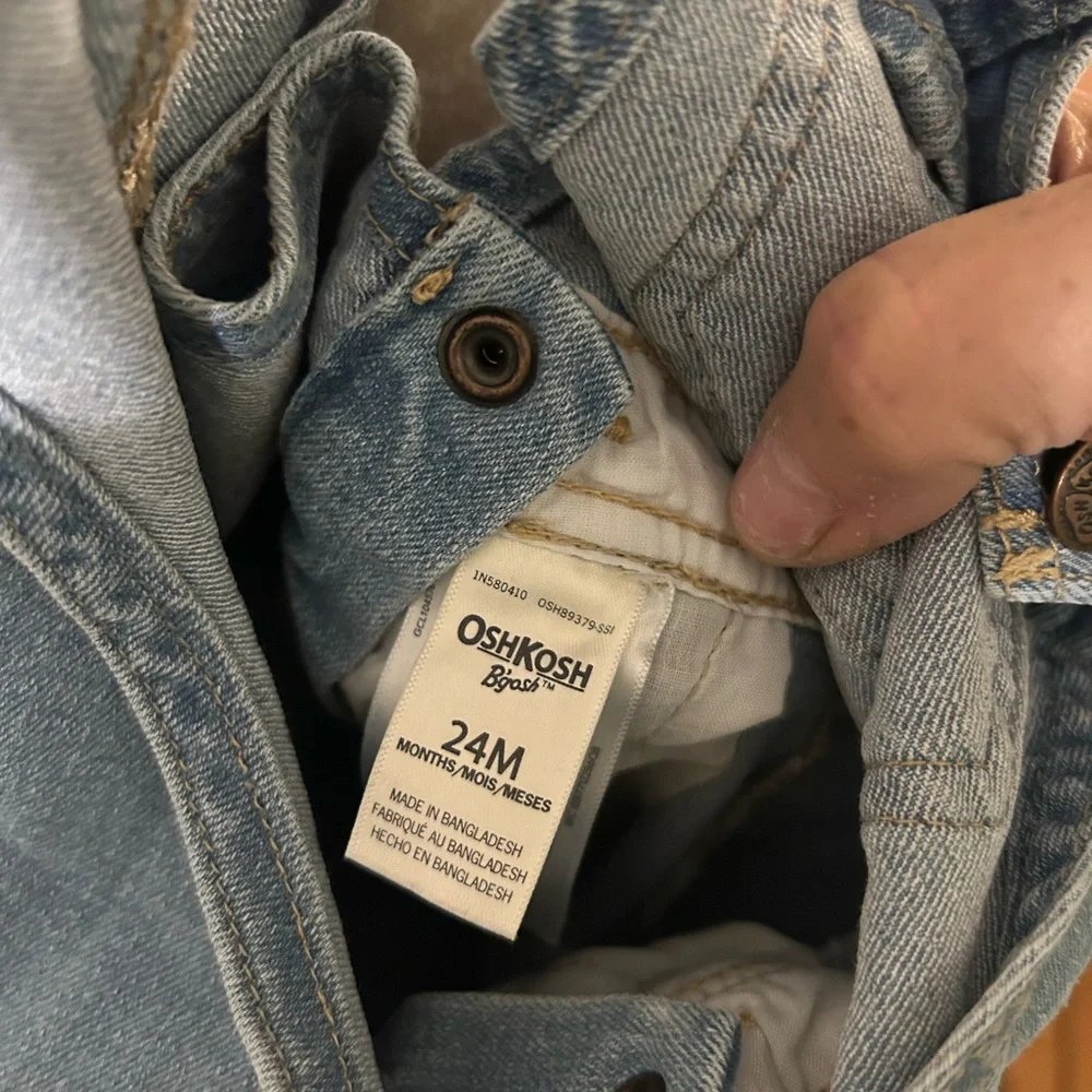 OshKosh B'gosh Light Wash Blue Denim Overalls/Pink Lining/White Flowers/24 M